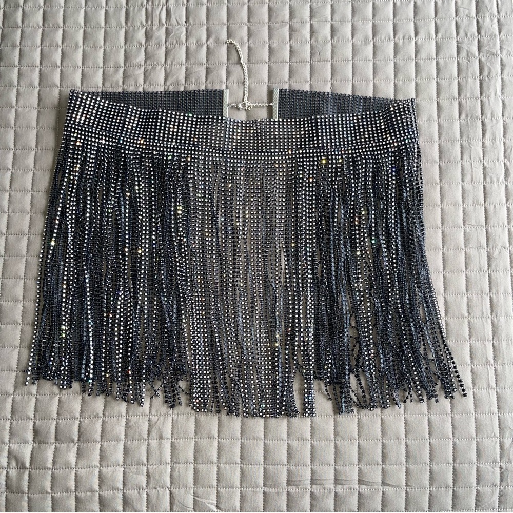Black & Shiny Glass Rhinestone Skirt, S/M/L, Adjustable Chain for Best Length